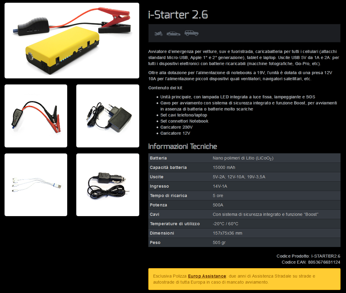 AVVIATORI BOOSTER AL LITIO 12VOLT E 24VOLT : I-STARTER 3.5 AVVIATORE DI  EMERGENZA 12V AL LITIO LiCoO2